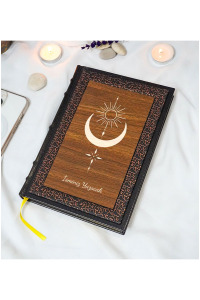 Ay Güneş Desenli Termo Deri + Ahşap Anı Defteri - Çizgili Defter - Hediyelik (17x24 cm- 320 Sayfa)