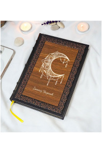 Ay Mandala Desenli Termo Deri + Ahşap Anı Defteri - Çizgili Defter - Hediyelik (17x24 cm- 320 Sayfa)