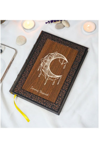Kişiye Özel Ay Mandala Desenli Termo Deri + Ahşap Anı Defteri - Çizgili Defter - Hediyelik (15x21 cm - 320 Sayfa) A5