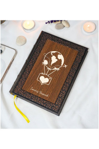 Kişiye Özel Balon Desenli Termo Deri + Ahşap Anı Defteri - Çizgili Defter - Hediyelik (15x21 cm - 320 Sayfa) A5