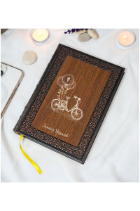 Kişiye Özel Bisiklet Desenli Termo Deri + Ahşap Anı Defteri - Çizgili Defter - Hediyelik (15x21 cm - 320 Sayfa) A5