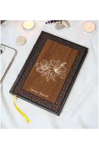 Kişiye Özel Çiçek Desenli Termo Deri + Ahşap Anı Defteri - Çizgili Defter - Hediyelik (15x21 cm - 320 Sayfa) A5