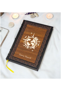 Dünya Desenli Termo Deri + Ahşap Anı Defteri - Çizgili Defter - Hediyelik (17x24 cm- 320 Sayfa)