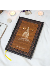 Galata Kulesi Desenli Termo Deri + Ahşap Anı Defteri - Çizgili Defter - Hediyelik (17x24 cm- 320 Sayfa)