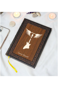 Kişiye Özel Gitar Desenli Termo Deri + Ahşap Anı Defteri - Çizgili Defter - Hediyelik (15x21 cm - 320 Sayfa) A5