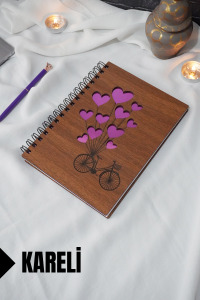 Bisiklet Balon Temalı Ahşap Kapaklı Defter - Kareli Defter - Ajanda - Okul Defteri (A5 - 120 Sayfa)
