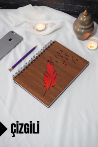 Kuş Tüy Temalı Ahşap Kapaklı Defter - Çizgili Defter - Ajanda - Okul Defteri (A5 - 120 Sayfa)