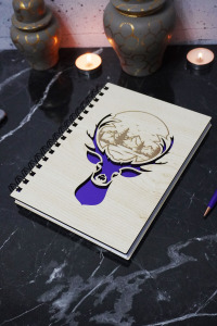 Geyik Figürlü Ahşap Kapaklı Defter - Çizgisiz Defter -Günlük - A5 Anı Defteri
