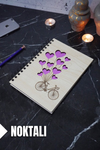 Bisiklet Balon Temalı Ahşap Kapaklı Defter - Noktalı Defter - Ajanda - Okul Defteri (A5 - 120 Sayfa)