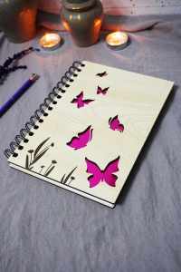 Kelebek Desenli Ahşap Kapaklı Defter - Çizgisiz Defter - Günlük - Ajanda-hediyelik-a5 Anı Defteri