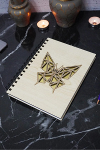 Kelebek Figürlü Ahşap Kapaklı Defter - Çizgisiz Defter - Günlük - Ajanda- A5 Anı Defteri