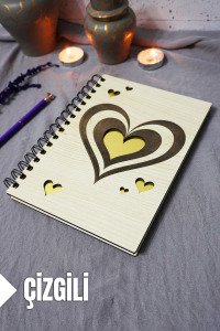 Kalp Desenli Ahşap Kapaklı Defter - Çizgili Defter - Ajanda - Okul Defteri (A5 - 120 Sayfa)