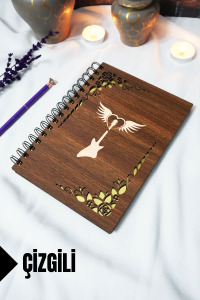 Gitar Ahşap Kapaklı Spiralli Okul Defteri - Çizgili Defter - 60 yaprak (120 sayfa) - A5 15x21 cm