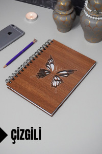 Kelebek Temalı Ahşap Kapaklı Defter - Çizgili Defter - Ajanda - Okul Defteri (A5 - 120 Sayfa)