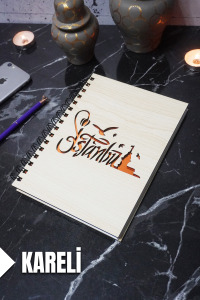 İstanbul Temalı Ahşap Kapaklı Defter - Kareli Defter - Ajanda - Okul Defteri (A5 - 120 Sayfa)