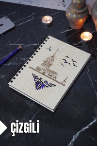 Kız Kulesi Temalı Ahşap Kapaklı Defter - Çizgili Defter - Ajanda - Okul Defteri (A5 - 120 Sayfa)