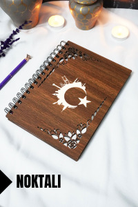 Türk Bayrağı Ahşap Kapaklı Defter - Noktalı Defter - 60 yaprak (120 sayfa) - A5 15x21 cm