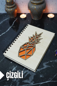 Ananas Temalı Ahşap Kapaklı Defter - Çizgili Defter - Ajanda - Okul Defteri (A5 - 120 Sayfa)