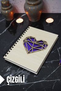 Kalp Temalı Ahşap Kapaklı Defter - Çizgili Defter - Ajanda - Okul Defteri (A5 - 120 Sayfa)