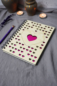 Kalp Desenli Ahşap Kapaklı Defter - Çizgisiz Defter - Günlük - Ajanda-hediyelik-a5 Anı Defteri