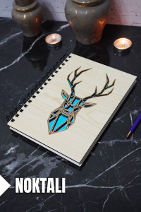 Geyik Temalı Ahşap Kapaklı Defter - Noktalı Defter - Ajanda - Okul Defteri (A5 - 120 Sayfa)
