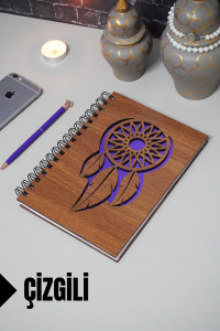 Rüya Kapanı Temalı Ahşap Kapaklı Defter - Çizgili Defter - Ajanda - Okul Defteri (A5 - 120 Sayfa)