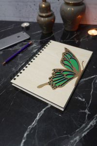 Kelebek Desenli Ahşap Kapaklı Defter - Ajanda - Günlük - Çizgisiz Defter - A5 Notebook Anı Defteri