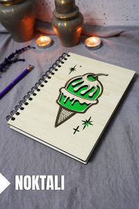 Dondurma Desenli Ahşap Kapaklı Defter - Noktalı Defter - Ajanda - Okul Defteri (A5 - 120 Sayfa)