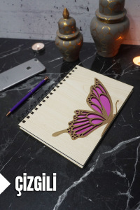 Kelebek Temalı Ahşap Kapaklı Defter - Çizgili Defter - Ajanda - Okul Defteri (A5 - 120 Sayfa)
