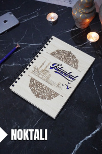 İstanbul Temalı Ahşap Kapaklı Defter - Noktalı Defter - Ajanda - Okul Defteri (A5 - 120 Sayfa)