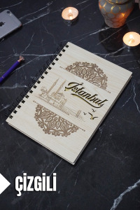 İstanbul Temalı Ahşap Kapaklı Defter - Çizgili Defter - Ajanda - Okul Defteri (A5 - 120 Sayfa)