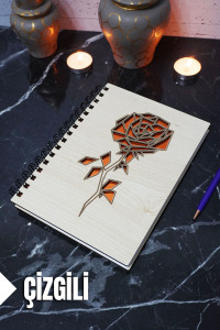 Gül Temalı Ahşap Kapaklı Defter - Çizgili Defter - Ajanda - Okul Defteri (A5 - 120 Sayfa)