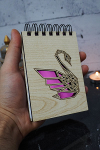 Kuğu Temalı Ahşap Kapaklı Not Defteri - Mini Defter - Cep Defteri - Benim Listem