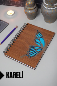 Kelebek Temalı Ahşap Kapaklı Defter - Kareli Defter - Ajanda - Okul Defteri (A5 - 120 Sayfa)