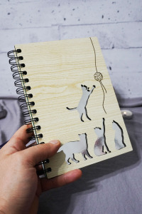 Kedi Desenli Ahşap Kapaklı Defter - Çizgisiz Defter - Günlük - Ajanda-hediyelik-a5 Anı Defteri