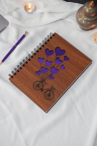 Balonlu Bisiklet Ahşap A5 Spiralli Okul Defteri - Çizgisiz Defter- A5 Notebook-hediyelik