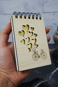 Bisiklet Balon Temalı Ahşap Kapaklı Not Defteri - Mini Defter - Cep Defteri - Benim Listem