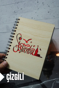 İstanbul Temalı Ahşap Kapaklı Defter - Çizgili Defter - Ajanda - Okul Defteri (A5 - 120 Sayfa)