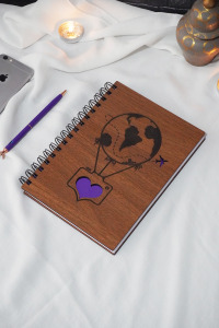 Balon Desenli Ahşap Kapaklı Defter - Ajanda - A5 Spiralli Çizgisiz Defter-anı Defteri