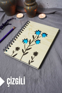 Çiçek Desenli Ahşap Kapaklı Defter - Çizgili Defter - Ajanda - Okul Defteri (A5 - 120 Sayfa)