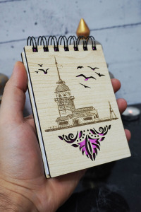 Kız Kulesi Temalı Ahşap Kapaklı Not Defteri - Mini Defter - Cep Defteri - Benim Listem