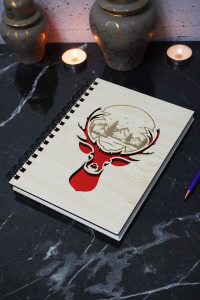 Geyik Figürlü Ahşap Kapaklı Defter - Çizgisiz Defter -Günlük - A5 Anı Defteri