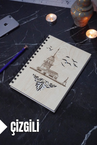 Kız Kulesi Temalı Ahşap Kapaklı Defter - Çizgili Defter - Ajanda - Okul Defteri (A5 - 120 Sayfa)