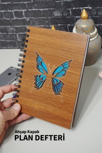 Kelebek Desenli Planlayıcı Ahşap Defter - Günlük Planlayıcı - Tarihsiz Ajanda (90 Sayfa)