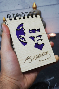 Kemal Atatürk Temalı Ahşap Kapaklı Not Defteri - Mini Defter - Cep Defteri - Benim Listem
