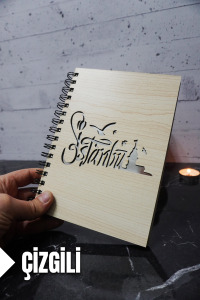 İstanbul Temalı Ahşap Kapaklı Defter - Çizgili Defter - Ajanda - Okul Defteri (A5 - 120 Sayfa)