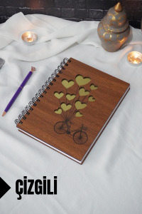 Bisiklet Balon Temalı Ahşap Kapaklı Defter - Çizgili Defter - Ajanda - Okul Defteri (A5 - 120 Sayfa)