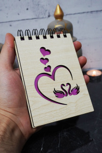 Kuğu Aşk Temalı Ahşap Kapaklı Not Defteri - Mini Defter - Cep Defteri - Benim Listem