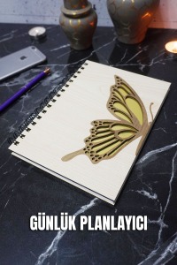 Yarım Kelebek Tasarım Ahşap Kapaklı Günlük Planlayıcı - Tarihsiz Ajanda - Süresiz Planlayıcı - A5