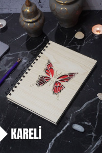 Kelebek Temalı Ahşap Kapaklı Defter - Kareli Defter - Ajanda - Okul Defteri (A5 - 120 Sayfa)